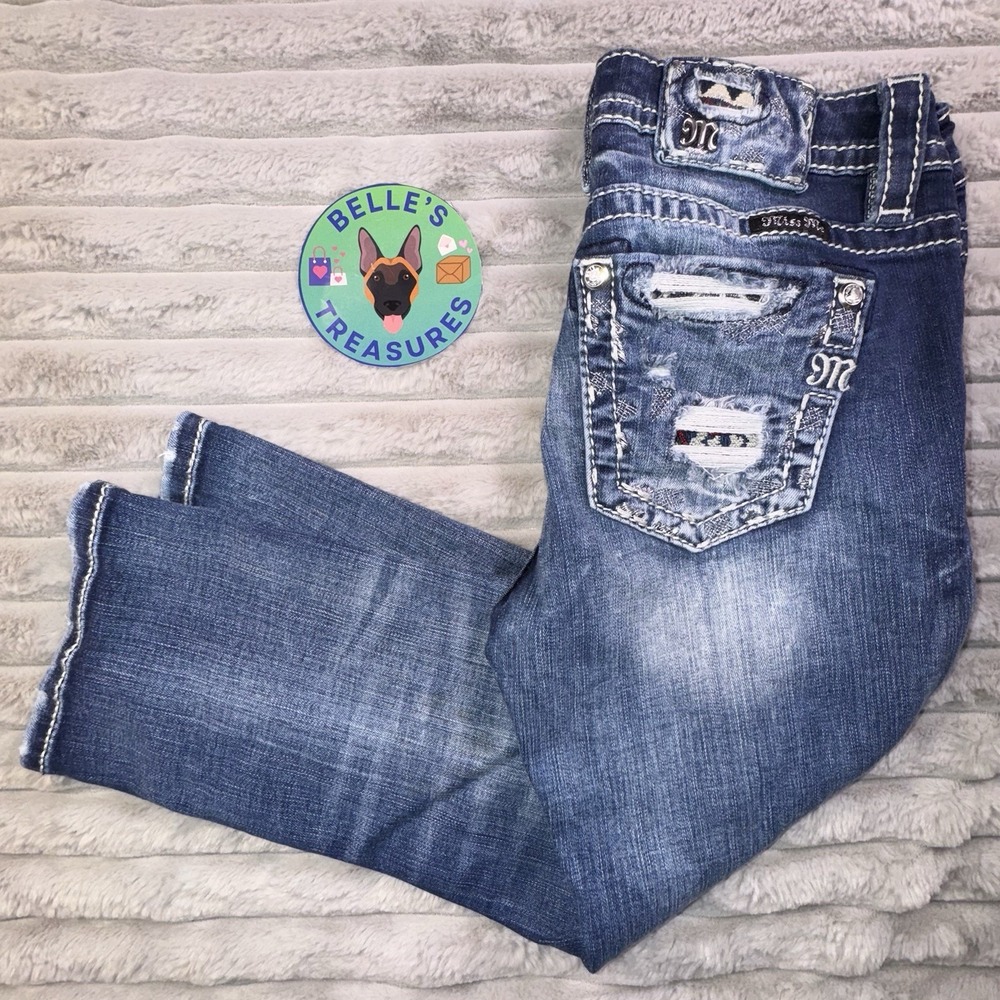 Miss Me Jeans 27 Capri Rhinestone Aztec Patchwork Medium Wash‎ Distressed 28x21